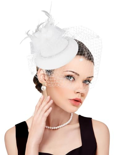dressfan Fascinator Hut Damen Hochzeit Schleier Hut Vintage Stirnband Gatsby Haarreif 20er 50er Pillbox Hut Kopfschmuck Haarschmuck für Hochzeit/Cocktail/Gatsby/Teeparty/Karneval,Weiß