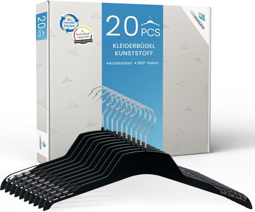 RSR Hangers Kleiderbügel Pub 39 cm aus Kunststoff 20 Stück Hemdenbügel Blusenbügel Kunststoff Schwarz 360° drehbarer Haken