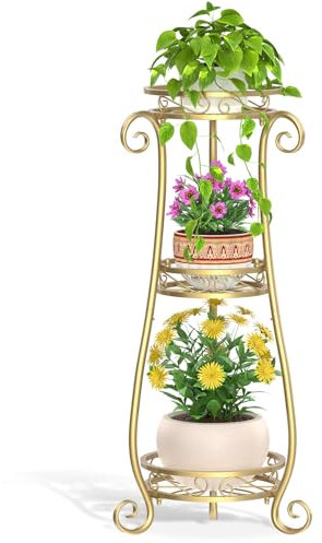 LASZOLA 3 Tier Tall Metal Plant Stand Indoor Outdoor Clearance, 35 Inch Rustproof Iron Flower Pot Holder Shelf, Multiple Heavy Duty Plant Round Rack for Patio Home Planter Corner Garden Balcony (Gold)
