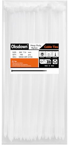 Oksdown Collier de Serrage en Nylon 300 mm × 7,6 mm Attache Câble Plastique Longue Rilsan Serre Câbles, Blanc, Lot de 100 Pièces