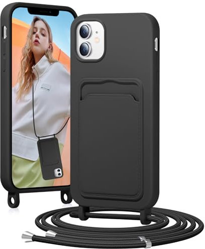 BENTIACC Handykette Silikon Hülle für iPhone 11 mit Band, Handyhülle mit Kartenfach, Abnehmbar Kordel Kette, Stoßfeste Schutzhülle für iPhone 11 (Schwarz)