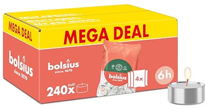 Bolsius - Paquete grande de velas de té - 240 unidades - 6 horas de combustión - Blanco - Contiene cera vegetal natural - Duración de combustión - Velas decorativas para el hogar - Sin aceite de palma
