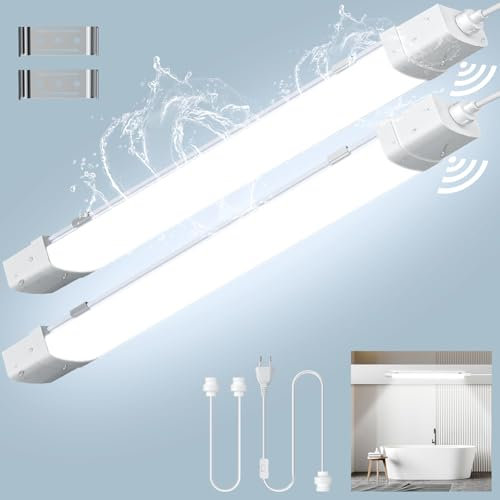 papasbox 2 Stück LED Feuchtraumleuchte 120cm mit Bewegungsmelder | Leuchtstoffröhre 40W Röhre LED Werkstatt Deckenleuchte Lampe | 6500K Kaltweiß IP65 Wasserdicht Leuchtstofflampe mit Schalter Stecker