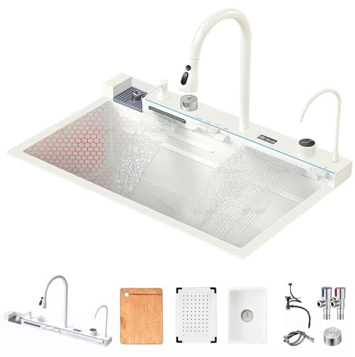 JXDWTL Fregadero de Cocina Blanco con Dos cascadas y Pantalla Digital, Fregadero para Lavar Platos, Fregadero de Acero Inoxidable con Grifo de una Pieza
