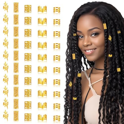 Ouligay 50 Stück Gold Haarschmuck für Zöpfe Dreadlocks, Loc Schmuck für Haar, Goldene Haarringe Braids Metall Cuffs Flechtet Haar Schmuck Dreadlocks Zubehör für Herren Damen Mädchen Jungen