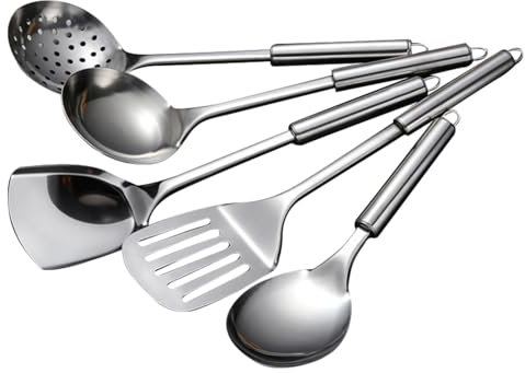 5-teiliges Kochutensilien-Set, Küchenutensilien aus Edelstahl, Gadgets, widerstandsfähige Kochwerkzeuge, inklusive Schlitzlöffel, Schlitzspatel, großem Löffel, Suppenlöffel, Spatel (Silber)