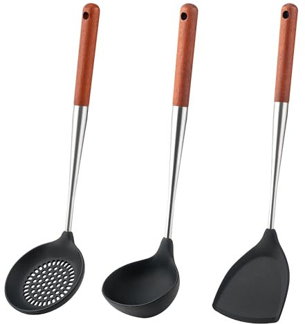 FJNATINH Juego de espátulas de silicona para la cocina, cucharas de cocina resistentes al calor y espumadera antiadherente, acero inoxidable y mango de madera en uno, 3 unidades