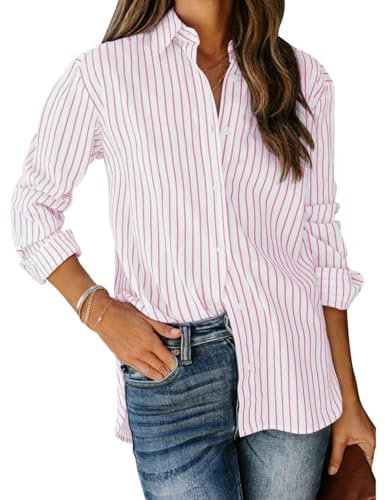 MINTLIMIT Women's Striped Button Down Shirts Casual Long Sleeve Blouses Tops with Pockets for Ladies, Pink & White