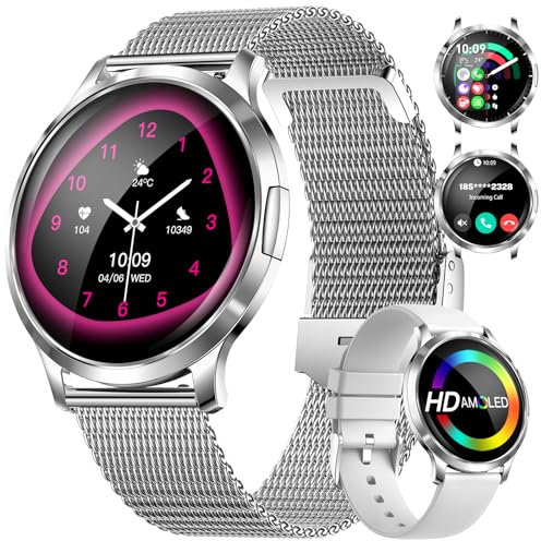 Smartwatch Damen Telefonischer Anruf Dünner 1.32 HD AMOLED Touchscreen Smartwatch Damen Silber Kompatibilität iOS Android,2 Armbändern,100+ Sportmodi/Herzfrequenz/Schlafmonitor/Menstruationszyklus