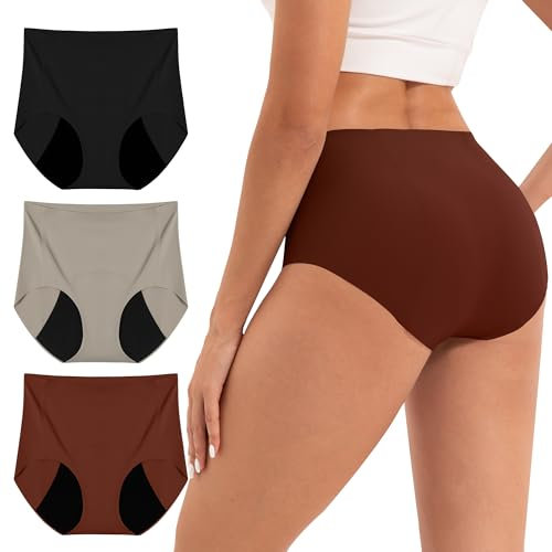 INNERSY Periodenunterschwäsche Seamless Unterhosen Nahtlos Hohe Taille Unsichtbare Slips 3er Pack (L, Schwarz/Rot/Grau)