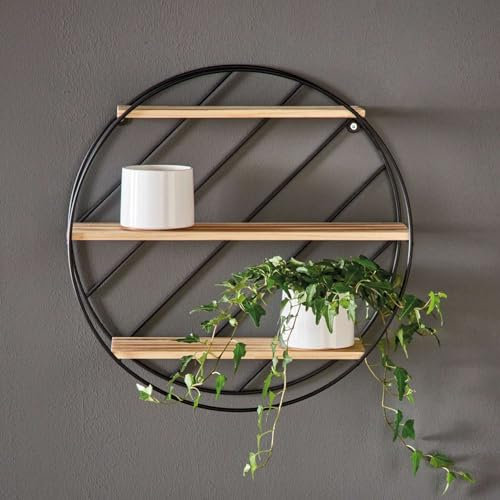 Dekoleidenschaft Wandregal Circle aus Metall schwarz, 3 Holzböden, Hängeregal rund, Dekoregal, Wanddeko, Küchenregal