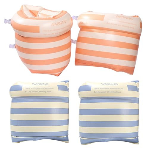 Lot de 2 paires de brassards gonflables à rayures bleues et oranges pour enfants et adultes, avec valve, haute flottabilité, anti-fuite, équipement d'entraînement natation en PVC pour piscine