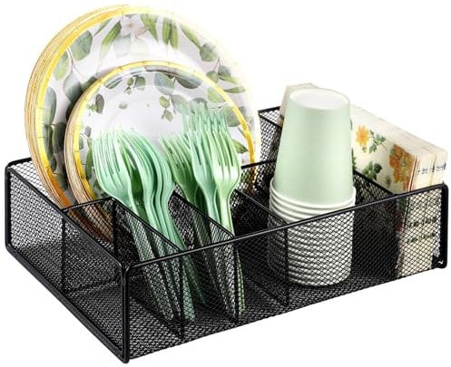 Metal Utensil Organizer for Kitchen Counter, Paper Plate Holder with Storage for Spoons, Forks, Plates, Napkins, Cups - Ideal for Parties, Camping, and Outdoor Events