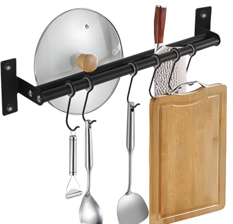 Wsetyy Kitchen Utensil Rack Stainless Steel, 40CM Utensil Rail with 6 Movable Hooks, Pot Pan Hanger Rack, Self Adhesive or Drill (Black)