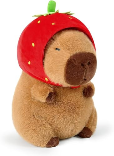 Kunaxku Peluche de Capybara, 33cm Capibara Peluche con Fresa Sombrero, Juguete de Capybara Peluch, Simulación Carpincho Suave de Felpa, Lindo Juguete De Peluch De Cumpleaños para Niños