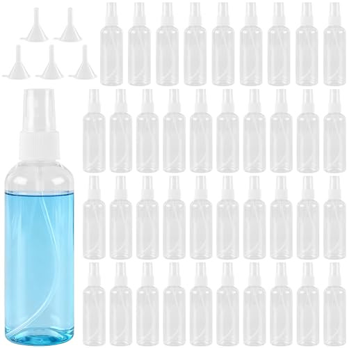 JIAYUET 45 Pack 100ml Clear Spray Bottles with Lids,Fine Mist Plastic Travel Bottles Includes 5 Funnels for Cleaning Makeup