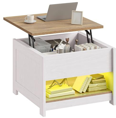 DWVO Couchtisch Höhenverstellbar mit LED-Beleuchtung, Quadratischer Wohnzimmertisch Modern mit Verstecktem Stauraum, Offenem Fach für Wohnzimmer, 60 x 60 x 45 cm
