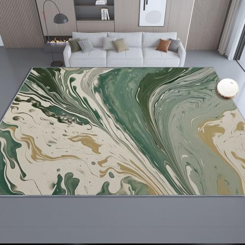 Waschbarer Läufer Fluid Art Grün Gold Teppich Eingangsbereich Innen Fussmatte 180 x 250 cm rutschfest Weich Kurzflor für Küchen Schlafzimmer Eingang Badezimmer Grün Senfgelb
