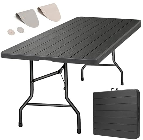 Eiryss Mesa Plegable Exterior 180x74cm, Mesa de Jardín Plegable 8 Personas, Negro con Tablero Plástico Efecto Madera y Estructura Hierro, 150 kg, 3 Cierres Seguridad, Mesa Buffet Terraza Balcón