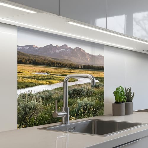 KitchenYeah© Spritzschutz Küche Küchen Rückwand Küchendeko Wand Wandschutz | 80x80 cm - Selbstklebend Backsplash Kitchen Peel And Stick Berglandschaften - Fluss - Wald
