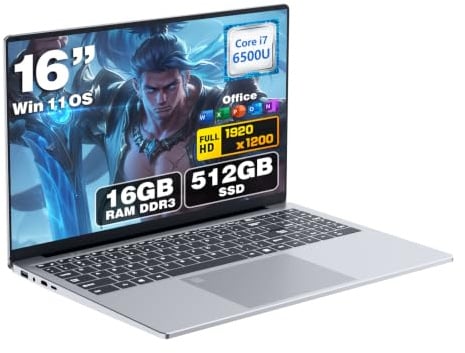 16 PC Portatile Core i7 6500U processore fino 3,1GHz, Win 11 Notebook 16GB RAM SSD 512GB, Laptop Schermo 1200P IPS, Computer portatile porte USB 3.0 HDMI BT5.0 Tastierino Numerico Retroilluminato