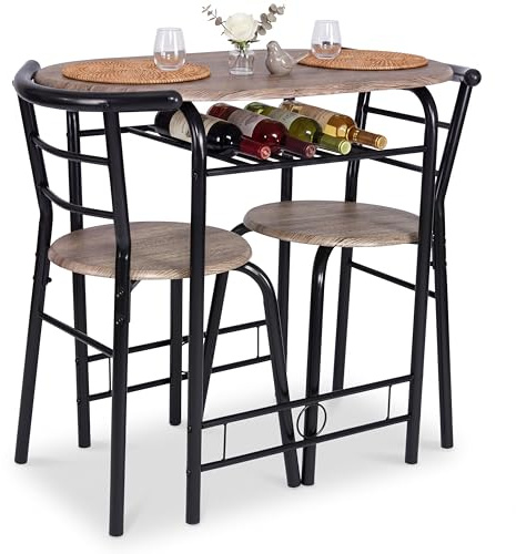 Bravich Compact 3 Piece Dining Set, Small Space Saving Bistro Table and 2 Chairs with Storage Shelf, Kitchen Breakfast Table Set for 2, Grey Oak & Black