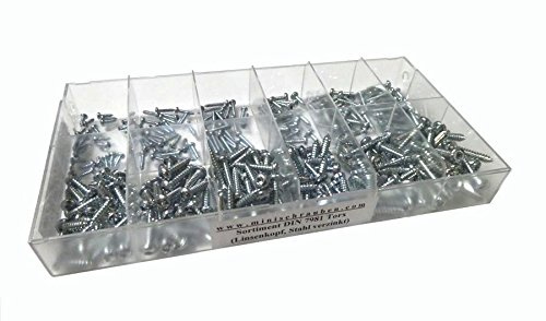 Sortimentskasten mit 300 Stück Blechschrauben nach DIN 7981-TX aus Stahl verzinkt (ab 2,2x6,5mm), Innensechsrund (TX), Linsenkopf. Minischrauben Sortiment inkl. beschrifteter Box
