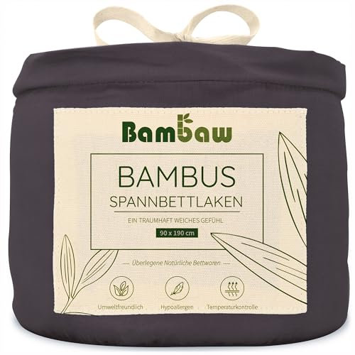 Bambaw Spannbetttuch 90x190 Bambus, 35 cm Steghöhe, regulierende Bettwäsche Anti Schwitzen, Spannbettlaken Sommer, Allergiker bettlaken, Spannbettlaken kühlend, Bettwäsche 90 x 190 Bambus (Anthrazit)