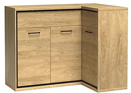 Möbel Gorecki | Eckkommode | Wohnzimmer Kommode Schrank | Mit Schubladen und Einlegeböden | 10 cm hohe Schwarze Beine | M-15 (Basisoption ohne LED (rechts))