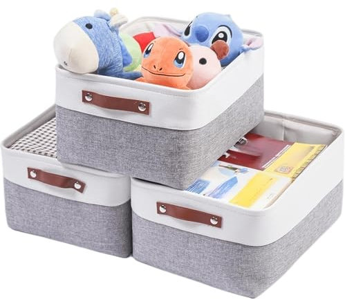 SOCOHOME Aufbewahrungsboxen aus Stoff,[3 Pack] 41x31x20cm Aufbewahrungskörbe, Faltbare Stoffkorb für Spielzeug, Kleidung, Zuhause, Wäsche(Grau/Weiß, Large)