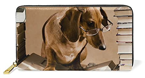 Mops Hund Buch Damen Brieftasche Reißverschluss Geldbörse Echtes Leder Geldbeutel Telefon Kreditkartenetui Portemonnaie für Frauen Mädchen Lesen