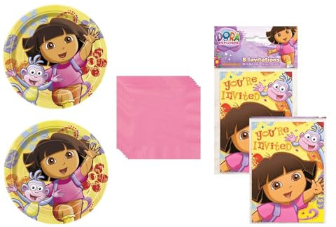 Dora Birthday Party Supplies Bundle Pack for 16 includes Plates, Napkins, Party Invitations