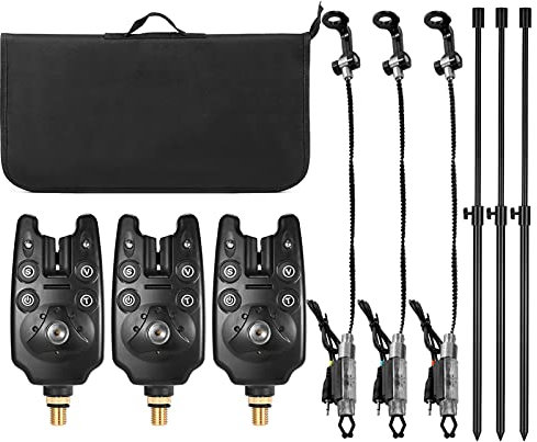 Doorslay Angel-Bissanzeiger-Set, Angel-Bissanzeiger-Set, 3 kabellose LED-Alarmanlagen, verstellbare Angel-Banksticks, 3 Angelschwinger mit gepolsterter Fisch-Werkzeugtasche