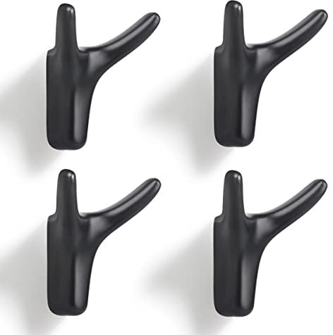 YODB 4PCS Double Prong Coat Hooks Wall Mounted,Heavy Duty Dual Wall Hook Solid Zinc Alloy Robe Hook Hanging Towels Key Bags Hats for Entryway Kitchen Bathroom Bedroom with Screws (Matte Black)