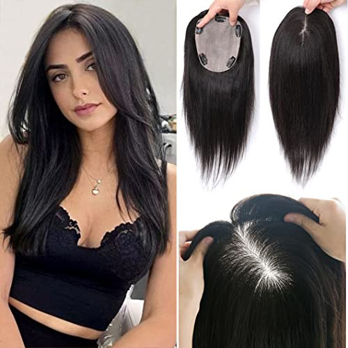 Eree Hair 35,6 cm glattes Echthaar-Topper, 15 x 15 cm U-förmig handgeknüpfte Mono-Basis Ersatz-Haarteil, zum Anklippen Krone Haar-Aufsatz für Frauen mit dünner werdendem Haar, natürliches Schwarz