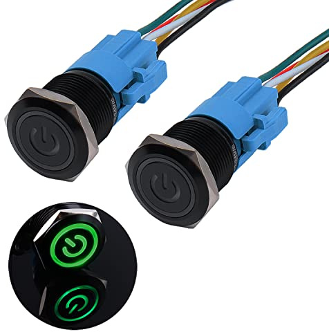 JIQI 2× 19mm Druckschalter 12V bis 24V 3A Wasserdichte Latching Schalter aus Aluminiumlegierung IP66 1NO1NC vorverdrahte schwarze EIN/AUS Schalter mit Power Symbol LED für Motorrad Boot LKW RV (Grün)