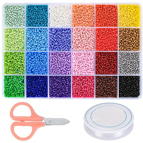 12047 Stück Buchstabenperlen und Glasperlen, Mini 2mm rocailles Perlen mit Scheren, elastischen Kordeln, Zubehör für Armbänder Basteln Schmuck Herstellung