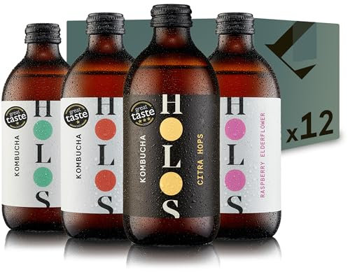 HOLOS Kombucha Drink Mixed Case - Organic Kombucha Tea - Chilled, Unpasteurised Raw Kombucha - Vegan, All-Natural Ingredients - 12 x 330ml Kombucha Bottles