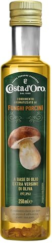 Costa d'Oro - Olio aromatizzato ai funghi porcini, 250 ml. Olio Extravergine di oliva estratto a freddo, ideale a crudo su carni grigliate. Bottiglia da 25 cl.