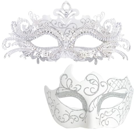 MYSEUNI Weiße Maskerade-Maske für Paare - Glänzende Strassbesetzte Filigrane Venezianische Metall-Maske für Hochzeit, Abend, Abschlussball, Karneval, Maskenball