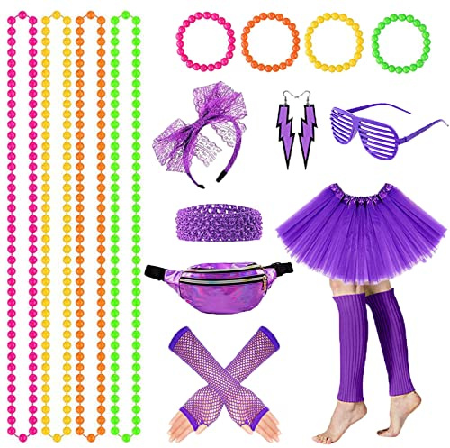 Kostüm für Damen, 80er Jahre, Neon, Tutu, Neon-Tasche, Brille, Haarband, Halsketten, Armbänder, Beine, Ohrringe 80er 90er Jahre, Verkleidung für Damen und Kinder, Party, Abend