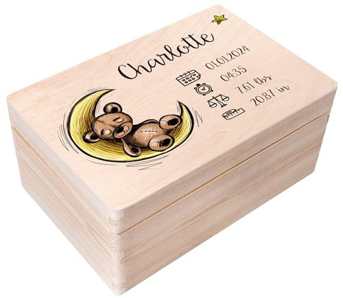 Creative Deco Erinnerungsbox Baby Personalisiert mit Namen | 30 x 20 x 14 cm | Individuelle Erinnerungskiste Geschenk zur Geburt für Mädchen und Jungen | Holzkiste mit Deckel | Farbdruck