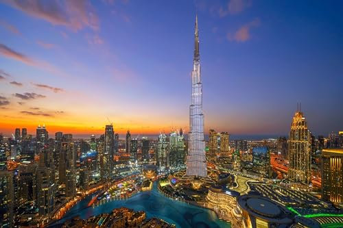 Acryl-Bild 50 x 30 cm: Luftaufnahme des Burj Khalifa in Dubai Downtown Skyline und Brunnen, Vereinigte Arabische Emirate oder VAE. Finanzviertel und Ge (139591161)