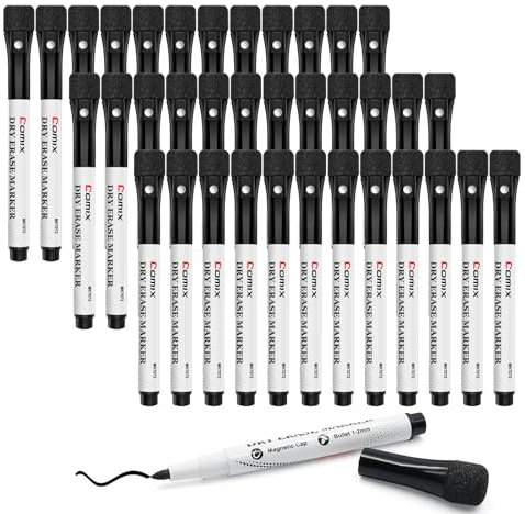 Comix Whiteboard Marker Magnetisch mit Feiner Spitze, Schwarze Whiteboard Stifte Abwischbar mit Radierkappe, Geruchsarmer Schwarzer Dry Erase Marker für Kinder und Lehrer