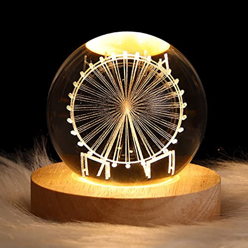 TITA-DONG 3D-Kristallkugel-Nachtlicht für Kinder, Glaskugel-Nachtlampe mit Holzsockel, Fantasie-Schreibtisch, Geschenk, Raumdekoration, Kristallkugel, LED, Galaxie, Planet, Nachtlicht,(Riesenrad)