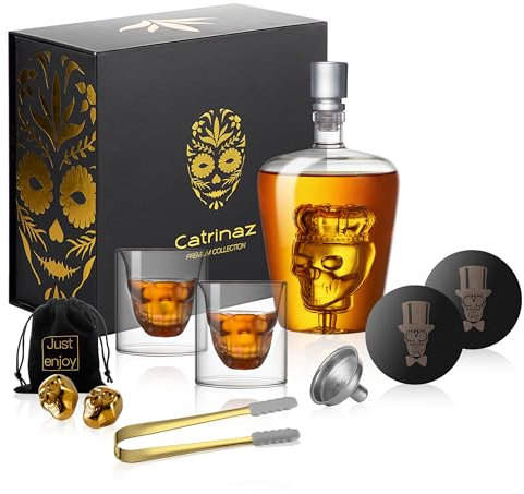Catrinaz® - Decantador de whisky - Juego de decantador de whisky de lujo - 1 L - Incl. 2 piedras de whisky de calavera dorada - 2 vasos de whisky - 2 posavasos - Regalo único