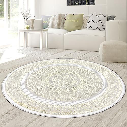 Teppich-Traum Teppich Wohnzimmer Schlafzimmer Kurzflor orientalisch elegant edel Ornamente Glanzeffekt Mäander Creme Gold 160 cm rund