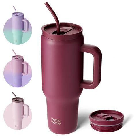 bottlebottle Tasse isotherme 1200 ml, Mug avec paille et poignée, Tasse avec paille sous vide en acier inoxydable pour cadeaux, fêtes, bureau, Café (rouge)