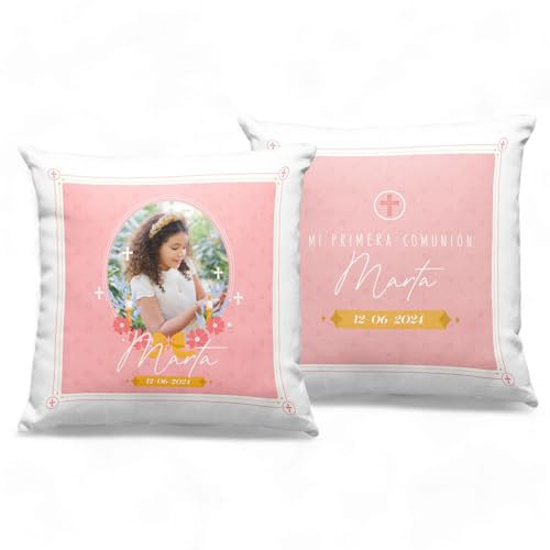 Genérico Cojin Personalizado Foto y Nombre Mi Primera Comunión Niña Niño Regalo Original (NIÑA Foto)