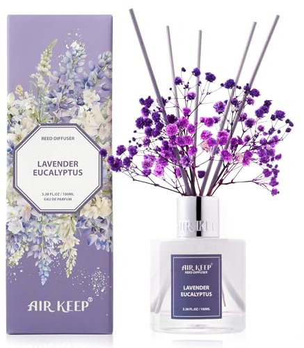 Airkeep Raumduft Lavender Eucalyptus, Reed Diffuser mit 8 Duftstäbchen, Lufterfrischer für Badezimmer, Wohnung, Heimdekoration, 100ml